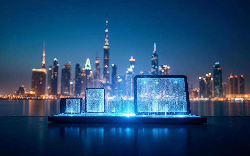 Dubai skyline with an overlay of modern mobile devices